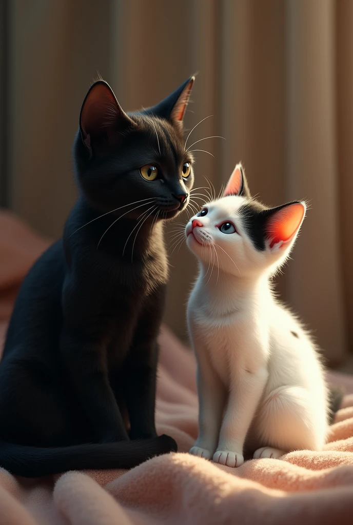 Two cats, one all black and the other smaller and white with a black spot on its ears and forehead and a black heart-shaped spot on its side.