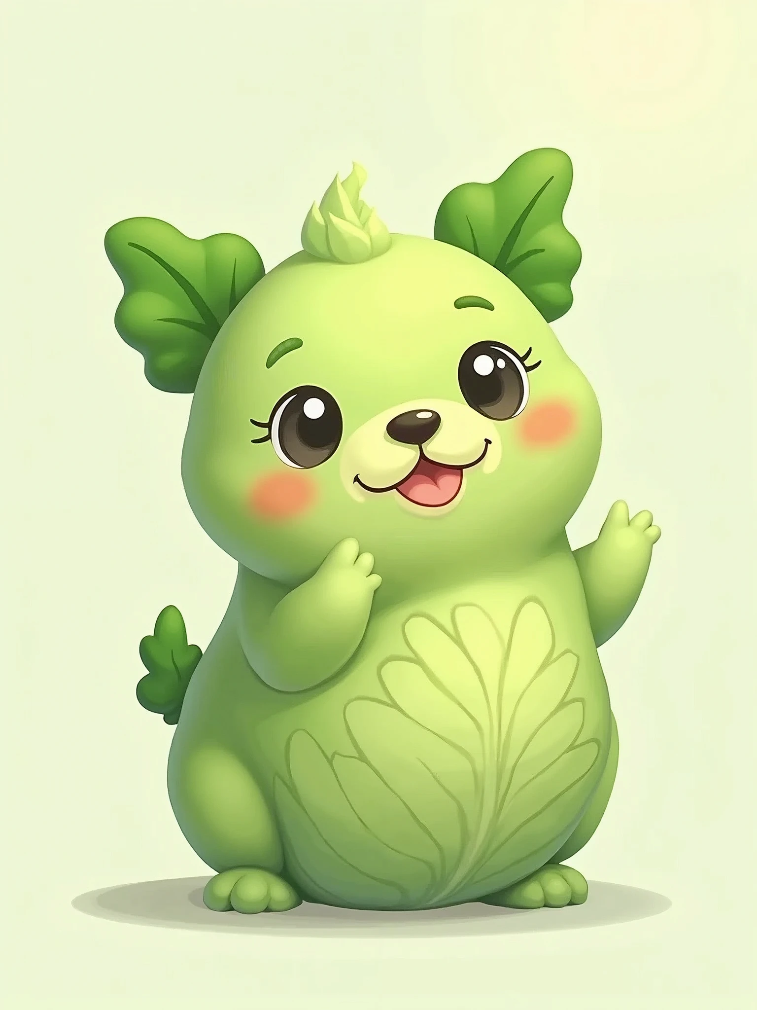 Create a cute, cartoon-style image of a small green dog that looks like it's made from a cabbage. The dog should have a soft, round body with cabbage leaves forming its ears, tail, and body texture. Its face should be expressive and adorable, with big, round eyes and a playful smile. The background should be simple and light, highlighting the dog as the main focus. The overall mood of the image should be fun and whimsical.