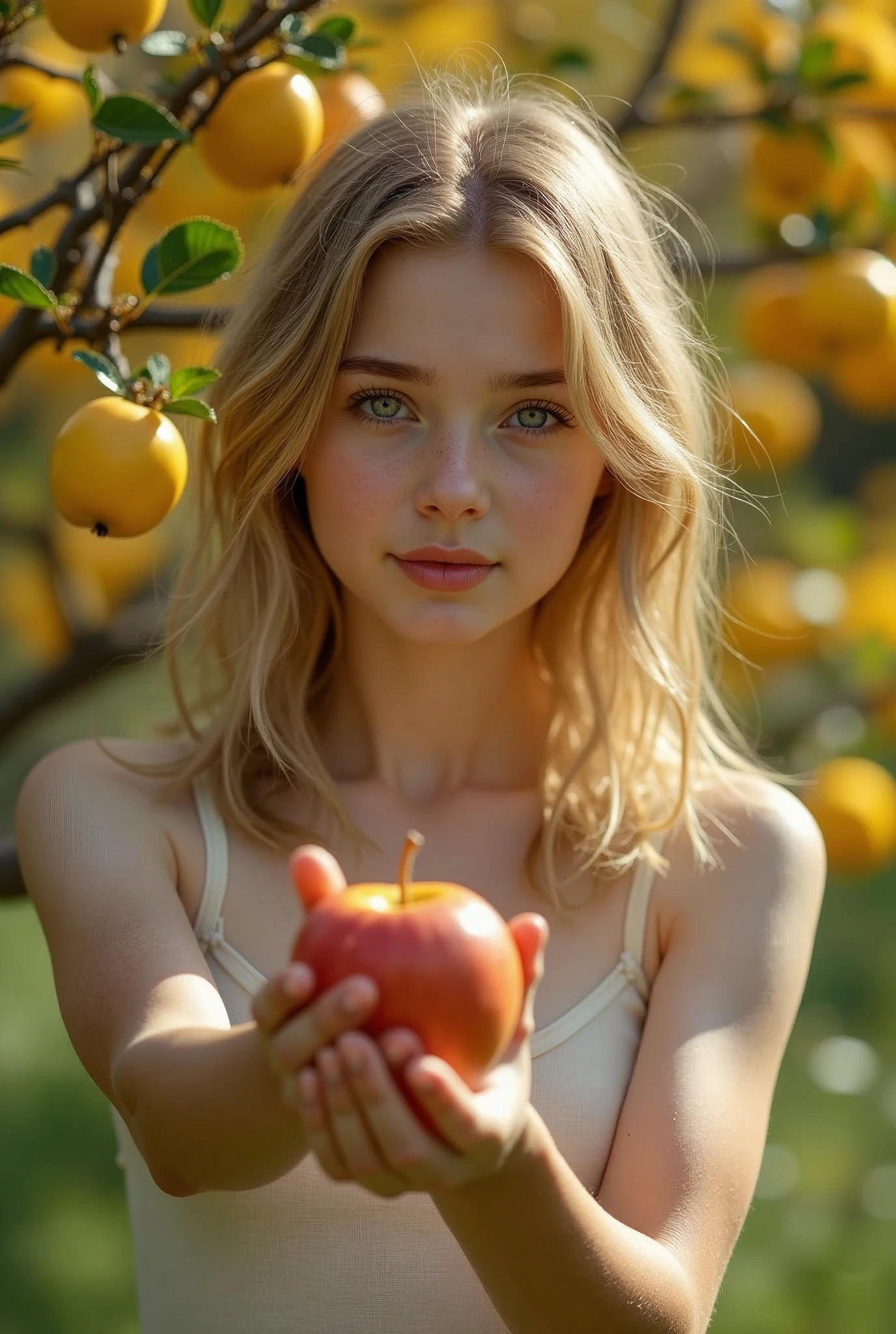Next, chimpanzees to become humans-Girl handing an apple to、, Russian girl, 18 age old, (Blond hair, middle hair , wince, Gray eyes, beautiful lip, little smile )Standing by the golden apples tree, in garden ,((textured skin , HI detailed skin, (foreshortening, Canon, uhd, anatomically correct, super detail, high details, highness))