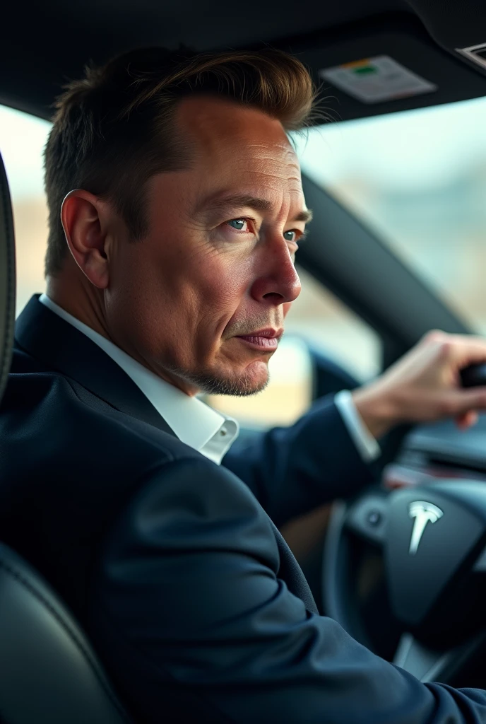 elon musk driving a tesla, 8k wallpaper, photo quality, close up, realistic photograph, perfect focus, elon musk face
