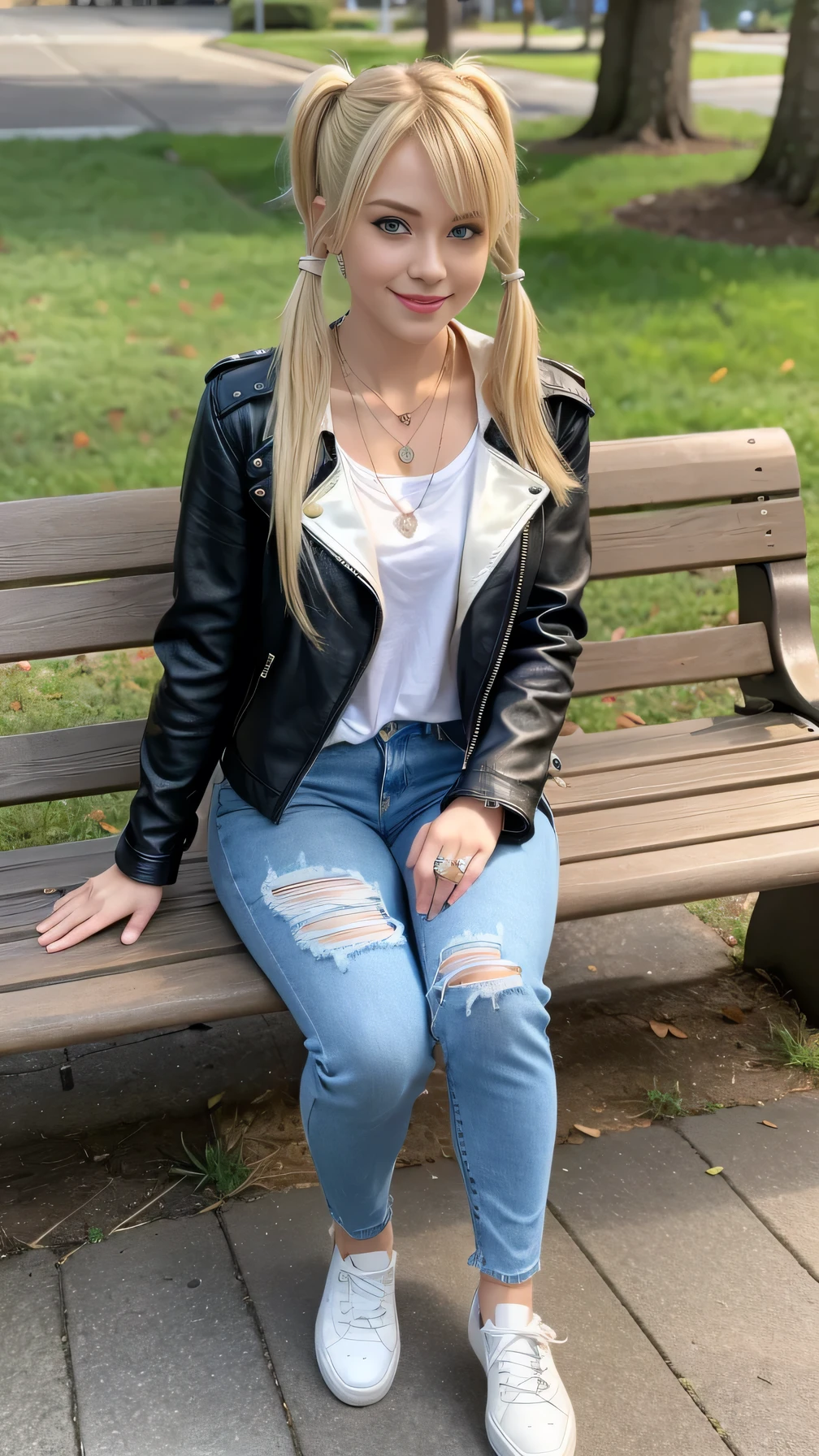 Super Resolution、Beautiful Caucasian Woman、Full body photo、sitting on a park bench、Blonde Hair、blue eyes、Hairstyle Twin tails、、ear piercing、necklace、leather jacket、shirt、Skinny jeans、sneakers、Closed mouth smile、