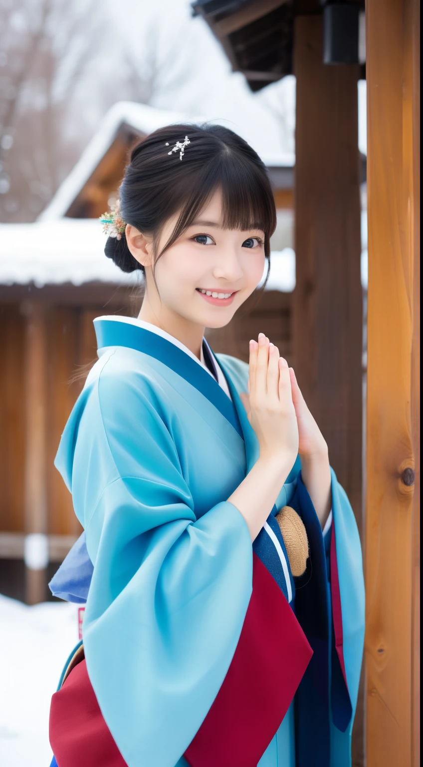 smile, wave hands, bye bye, Shortcuts, Hokkaido, front, winter, snow, 最high quality、high quality、Best image quality、8k、最High resolution、High resolution、Realistic photos, Healthy body, Beautiful Eyes, Flowing black hair, Colorful kimono, Calm expression, Soft lighting, Traditional Japanese art style, Vibrant colors, Peaceful atmosphere, Delicate features, Graceful posture, Beautiful Landscape