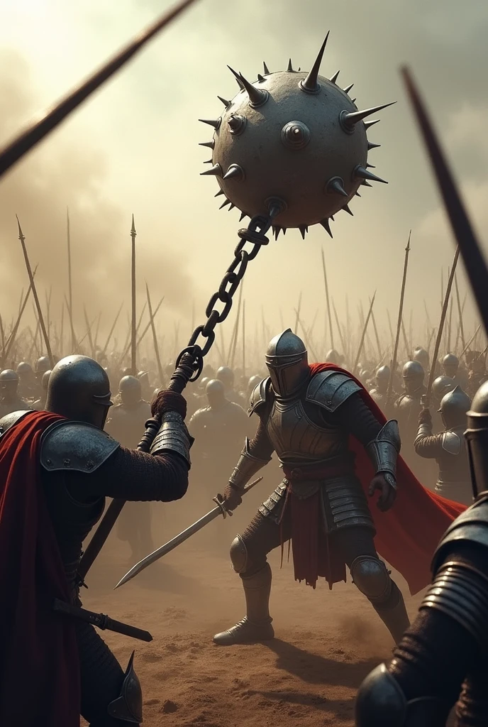 create detailed images of a war flail, with a heavy metal ball attached to a chain. The flail is in the middle of a blow, with the ball about to hit an armed opponent. The background shows a chaotic medieval battlefield, with soldiers in combat.