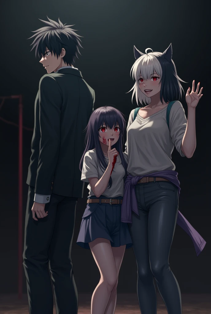 Movie action poses, 1boy, Height one hundred and eighty, Black Red Mix Hair, red eyes, dark background, Black shirt, Black trousers, Canine tooth, Black jacket, Dim lighting, Turning your back to the camera, Glancing from the right side, masterpiece, full body, 1 girl, Height one hundred and sixty four, White black mix hair, Canine tooth, red eyes, Raising one hand stained with blood, 1 girl, Height one hundred and fifty two, Black Purple Mix Hair, red eyes, Canine tooth, A little blood stain on the cheek, 1 Small child, Height ninety one, White purple mix hair, red eyes, Licking bloodstained hands, Canine tooth