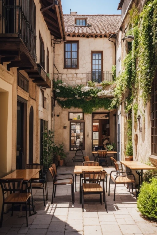 Tables and chairs、There is a courtyard with flower beds, Spanish village exterior, Cozy cafe background, 3D Stylized Scene, photorealistic streetscape, Photo-realistic detailed images, Florist Scene, アンRealエンジン ; Romantic Theme, Highly detailed scenes, Photorealistic Style, Real, photorealistic screenshot,