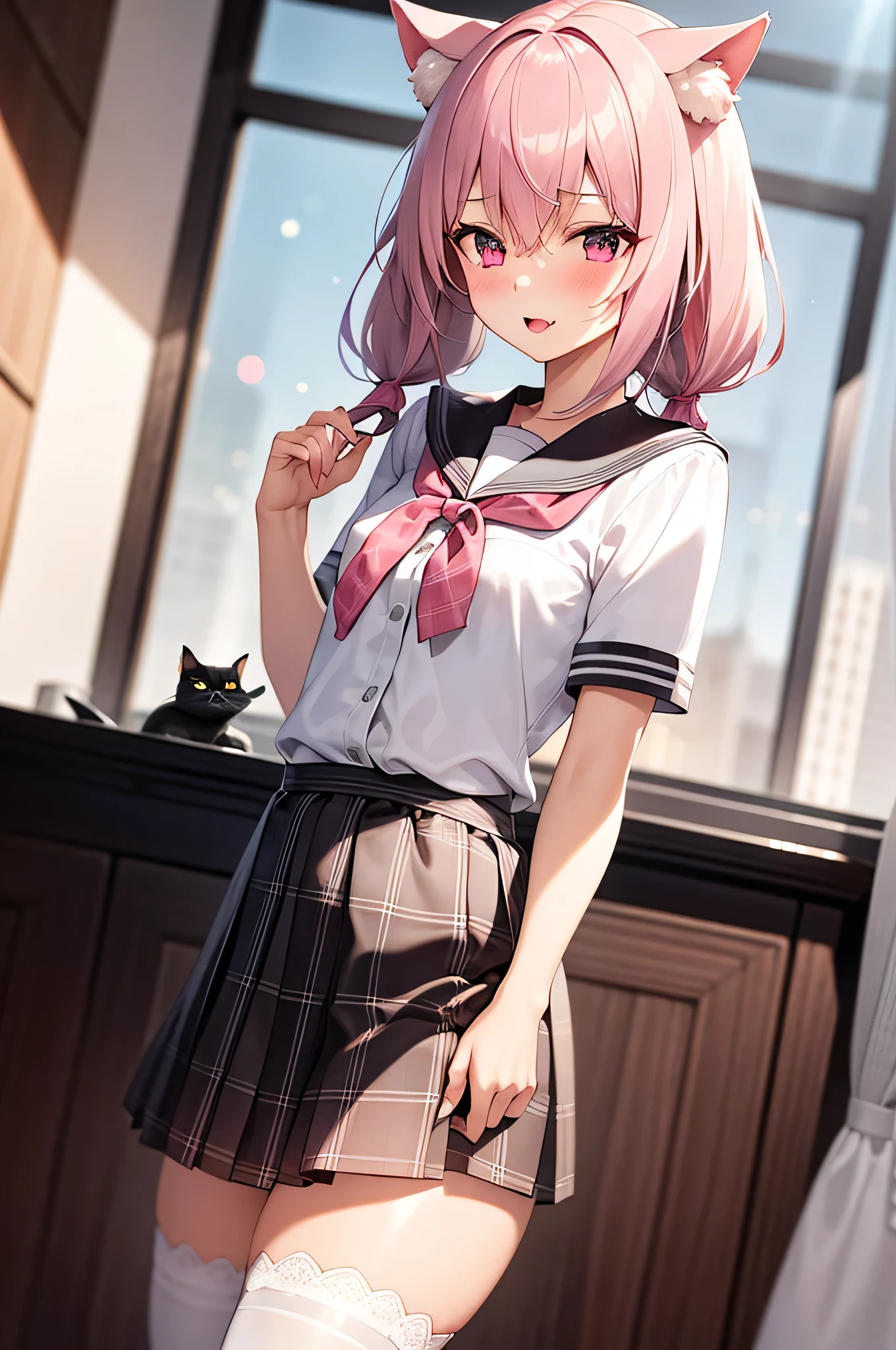 1girl, cat girl, Cat ears, grey hair, streaked hair, pink hair, long hair, hair between eyes, twintails, sailor collar, 
highly_detailed, Beautiful eyes, extremely_detailed_CG_unity_8k_wallpaper, highres, absurdres, beautiful_detailed_eyes, finely_detailed_clothing, finely_detailed_light, highly_detail_hair_, 
colorful, light rays, caustics, aistics, lens flare, bokeh, nsfw, A small chest, pink eyes, White silk stockings, JK Uniform Plaid Skirt, school uniform, Light pink mini skirt, blush, 
score_anime, score_9, score_8_up, masterpiece, The wind blows up the skirt, charming, sexually suggestive, lace lingerie, Pink underwear, park, low angle view