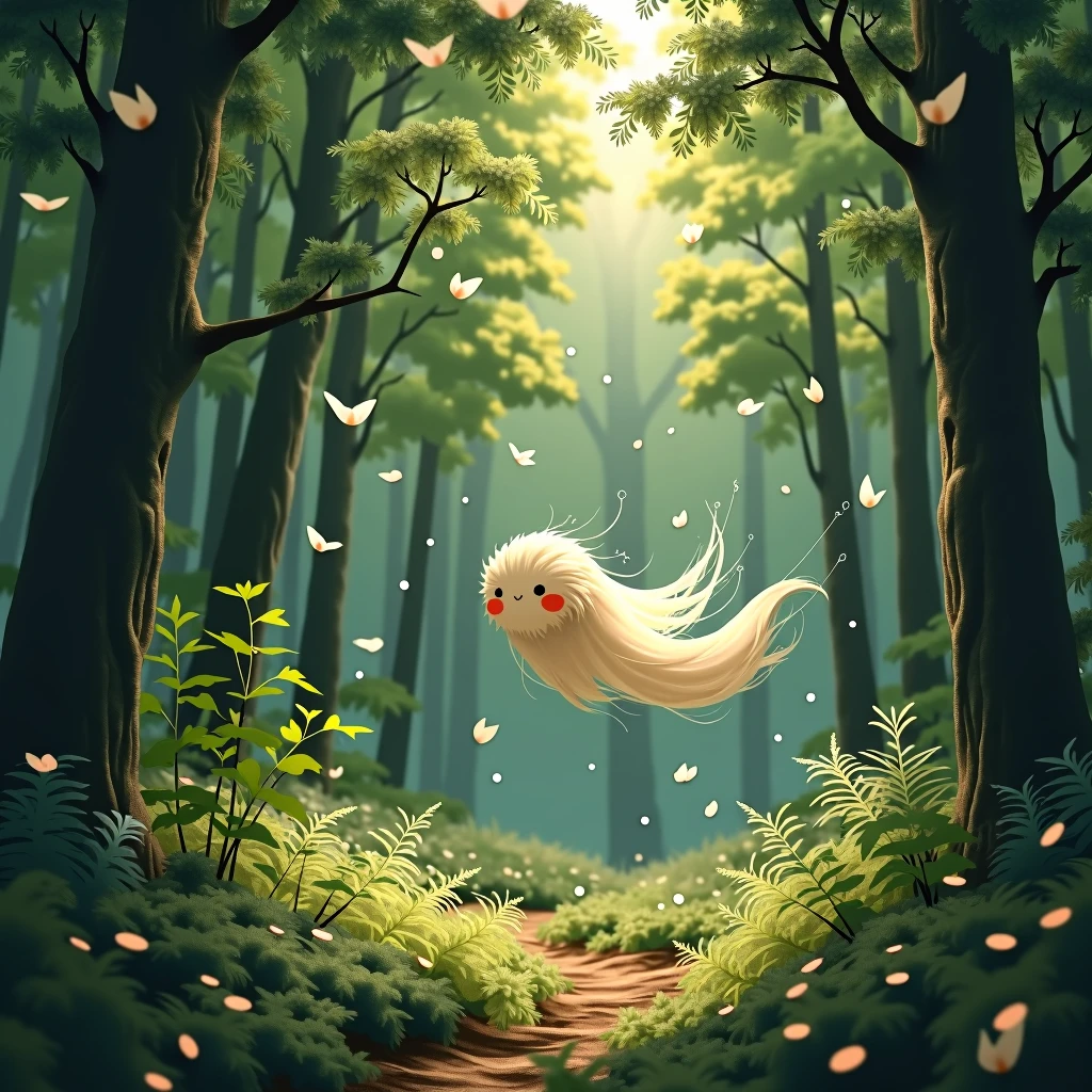 A ragweed flying through the forest、White pieces of cloth are flying in the air、Rural Japan、Dim lighting at dusk、