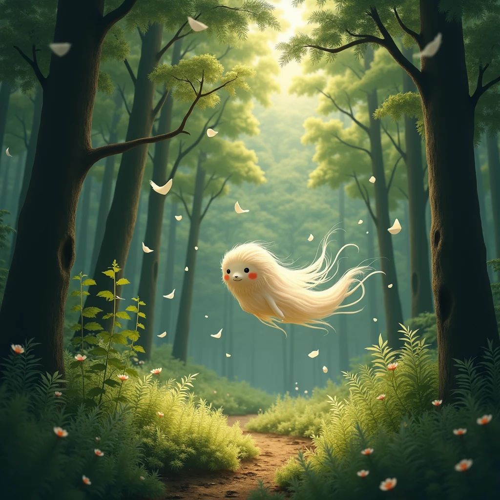 A ragweed flying through the forest、White pieces of cloth are flying in the air、Rural Japan、Dim lighting at dusk、