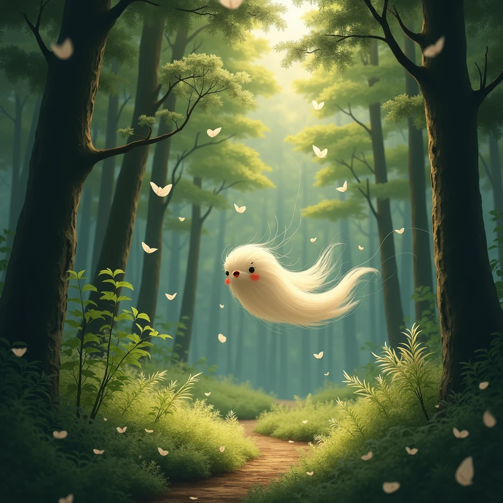 A ragweed flying through the forest、White pieces of cloth are flying in the air、Rural Japan、Dim lighting at dusk、