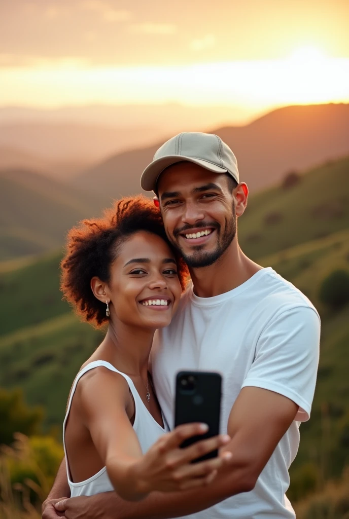 Beautiful latin couple with baseball cap and white t-shirt (taking a picture with their cell phone in a great landscape), Highly detailed, 25 years old, innocent face, short natural hair, High resolution, Masterpiece, Best quality, Intricate details, Highly detailed, Sharp focus, Detailed skin, Realistic skin texture, Detailed eyes, Professional, 4k, Charming smile, Shot on Canon, 85mm, Depth of field, Kodak vision color, Perfect fit body, Extremely detailed, Photo_(ultra\), photoRealistic, Realistic, Post-processing, Maximum detail, Roughness, Real life, Ultra Realistic, photorealism, photography, 8k hd, Hyper realistic image photography with a lens aperture of 1.4 at a focal length of 50mm.