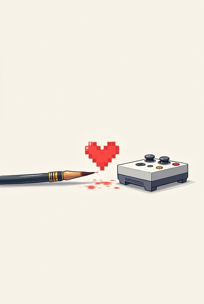 An image showing a paintbrush painting the sketch of a controller and a video game console along with a pixelated heart with a minimalist theme 