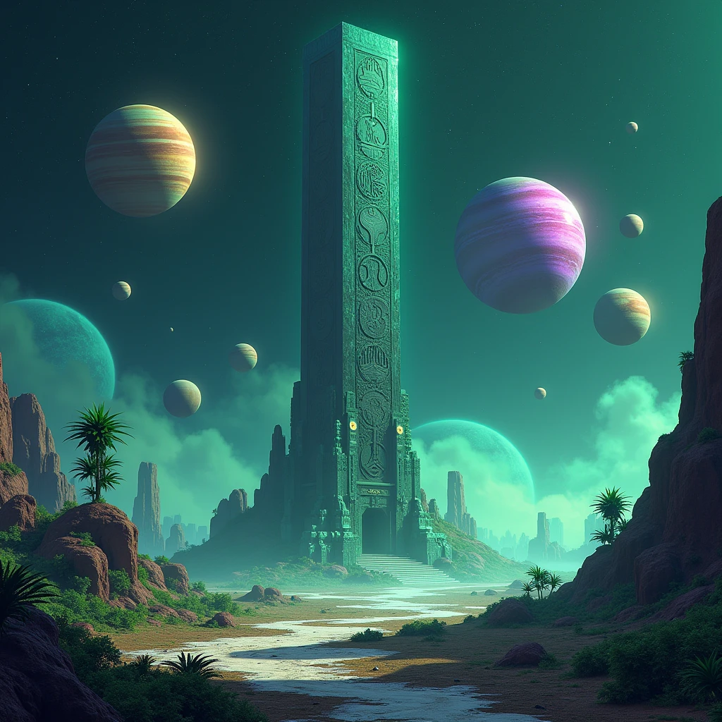 Outer space , stele , planetes , with neon green and violet tones ,some asteroids shaped like weed buds