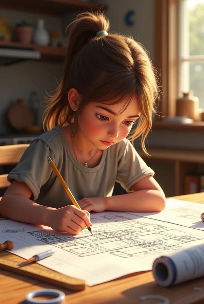 Sketching the Design:

Prompt: "The young girl sitting at a table with a sketchpad, drawing a detailed plan for her treehouse. The table is covered with blueprints, pencils, and measuring tools."
