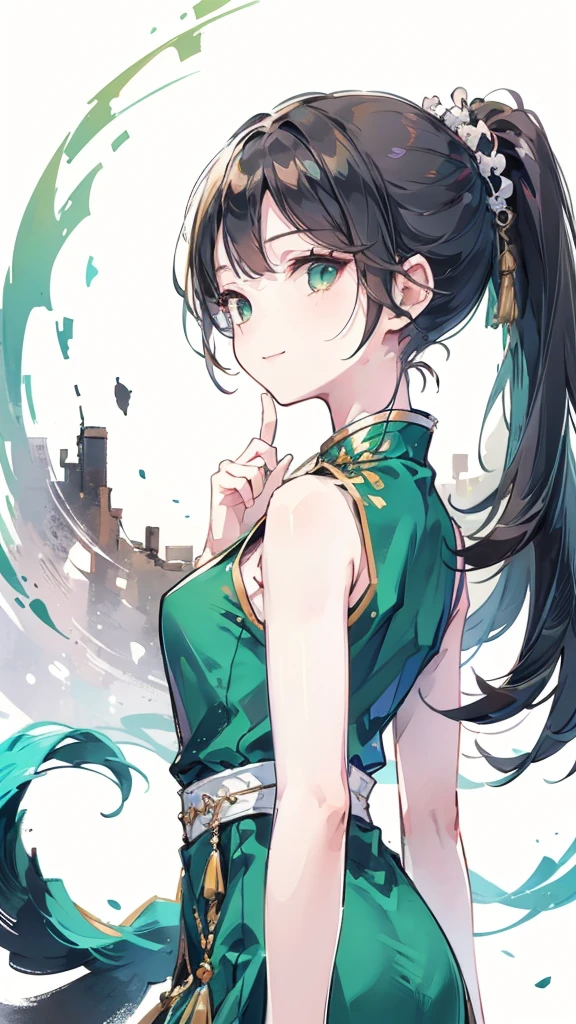 short girl, 1girl, solo, masterpiece, highres, solo, 8k, detailed, perfect face, best quality, (ultra high quality), (looking at viewers), (armpit), bare arms, small breast, sideboob, black hair, long hair, ponytail hair, hair bangs, green eyes, chinese dress, traditional dress, green dress, slim body, upper body, smile, hand up