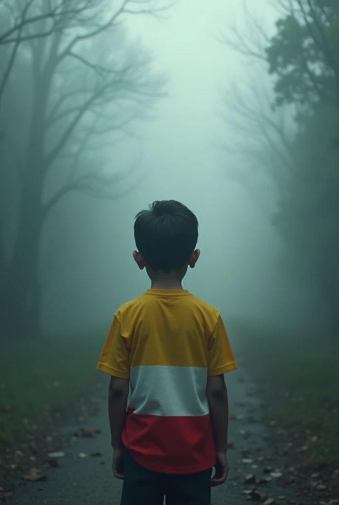 in the fog with a yellow, white and red striped shirt horizontally in a terrifying dawn about 20 meters away
