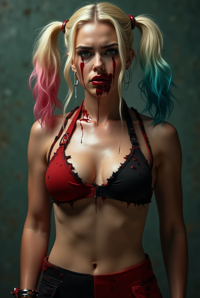 fully body, Semen overflowing from mouth, cum dripping down his face, (Margot Robbie, BDSM, Bondage, drool dripping, mouth full of cum), 8k, realisitic, wearing ripped Harley Quinn clothes, Handcuffed, angry face, drooling, drool all over his chest, all over the face, humida, pleading eyes, waiting to be tortured