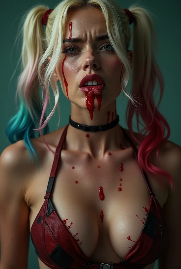 Nude vampire girl long fangs bright red eyes pale ghostly skin touching self and breasts sensually blood splatter masturbation blood running down face