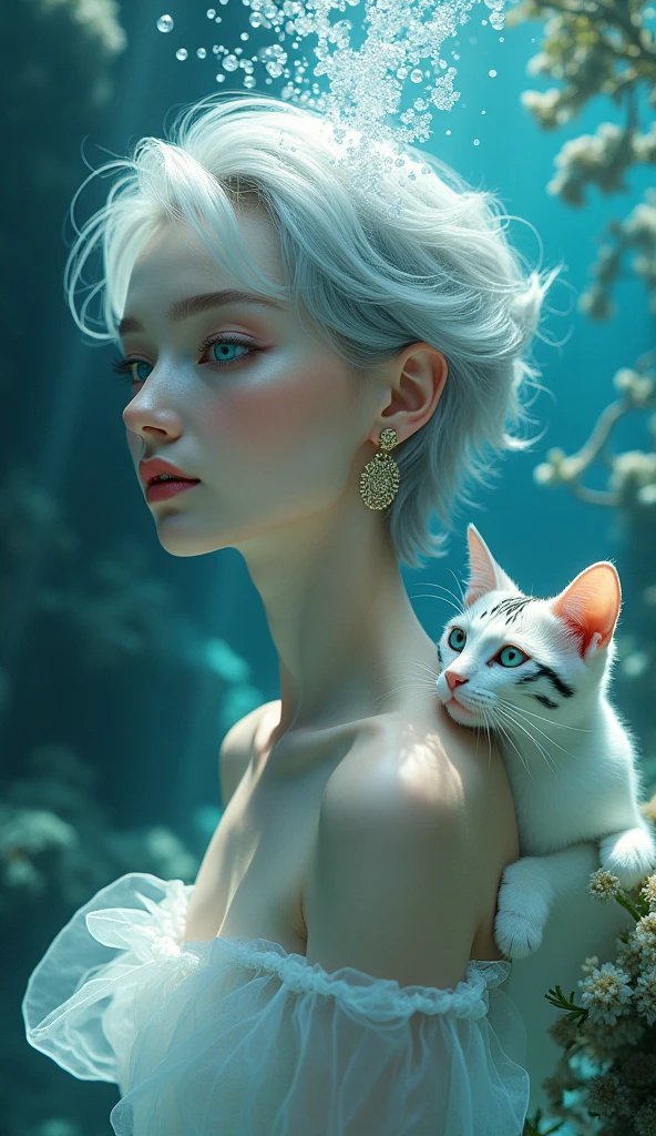 masterpiece, best quality, 8K resolution, very detailed, hairy,blue eyes, gray hair, Short hair, water elements, Underwater background, White cat, White skin, white stripes, White bracelet, corals,bubble, Gold earrings