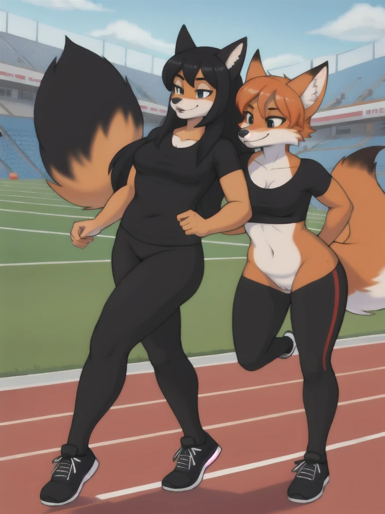 Furry, fox, female, black shirt, black leggings, shoes, running track, friends, full body