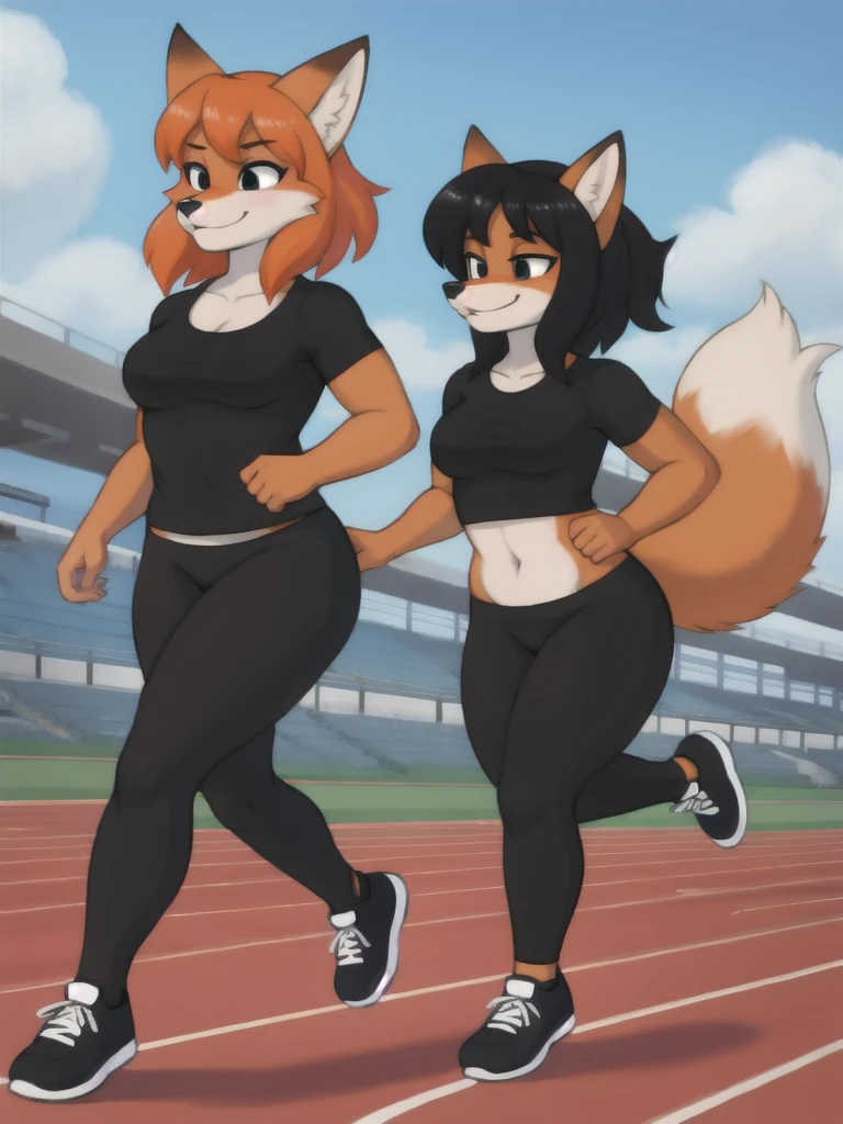 Furry, fox, female, black shirt, black leggings, shoes, running track, friends, full body
