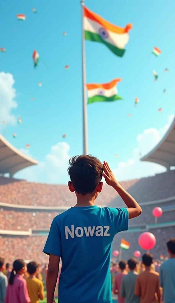 A 23-year-old thin boy wearing a blue T-shirt and jeans is standing in front of the Indian flag and saluting it with his right hand. The boy is facing the flag, so we see the back of him. The name ‘Nowaz’ is written in white letters across the back of his T-shirt. The background features a stadium filled with people, all celebrating India’s Independence Day. The Indian flag is prominently displayed on a tall flagpole in the center of the scene, fluttering in the breeze. The crowd is colorful and lively, with some waving small flags and others holding balloons, all under a clear blue sky.   The image size should 9:16