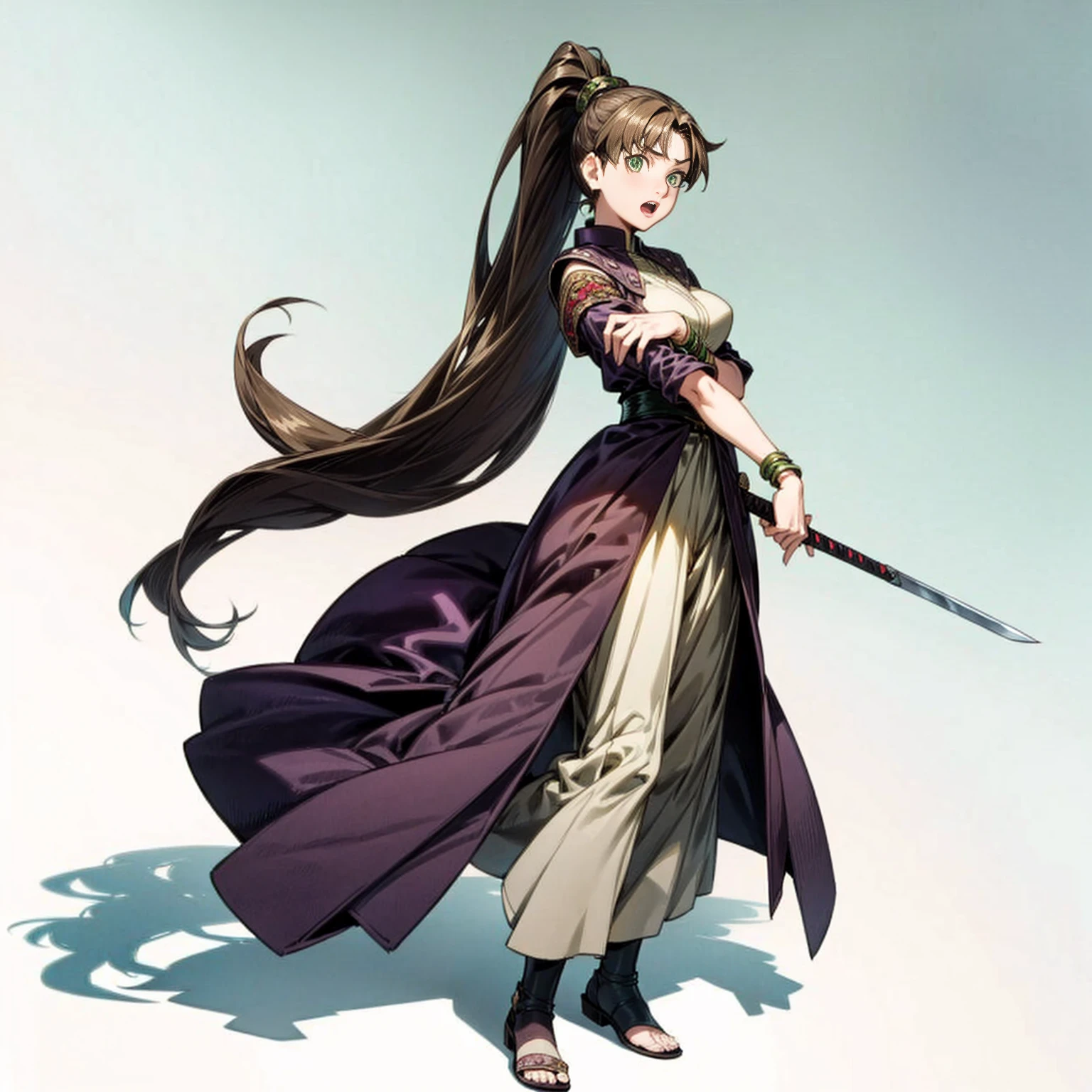 Solo character, full body version, young girl, very long hair, ponytail, brown color hair, green eyes, medieval, bohemian outfit, shoes, bracelet, full white background, standing gesture, open mouth, detailed shadow, very big breast, sword in hand, (Naruto style art, violet Evergrande style art)