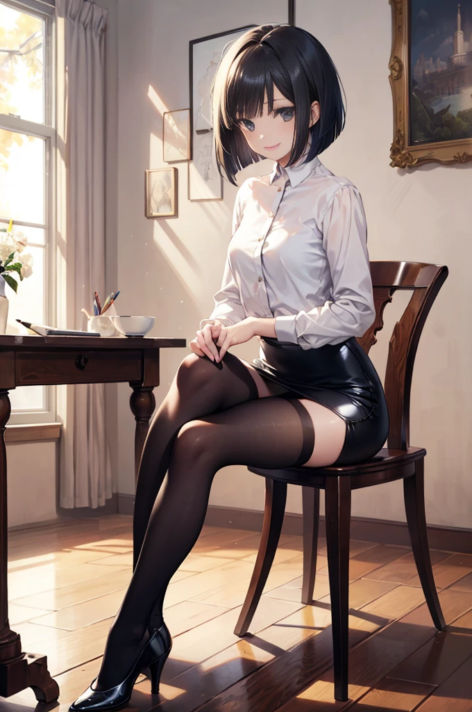 (masterpiece), 4K,woman,president,Small breasts,Small Ass,Black hair bob cut,Light bulb lighting,Realistic, skinny, Amis Stockings,smile,sit,((Knee-length pencil skirt)),Under negotiation