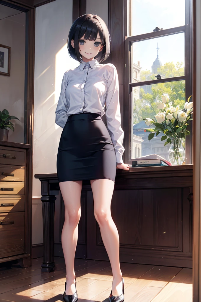 (masterpiece), 4K,woman,president,Small breasts,Small Ass,Black hair bob cut,Light bulb lighting,Realistic, skinny, Amis Stockings,smile,sit,((Knee-length pencil skirt)),Under negotiation