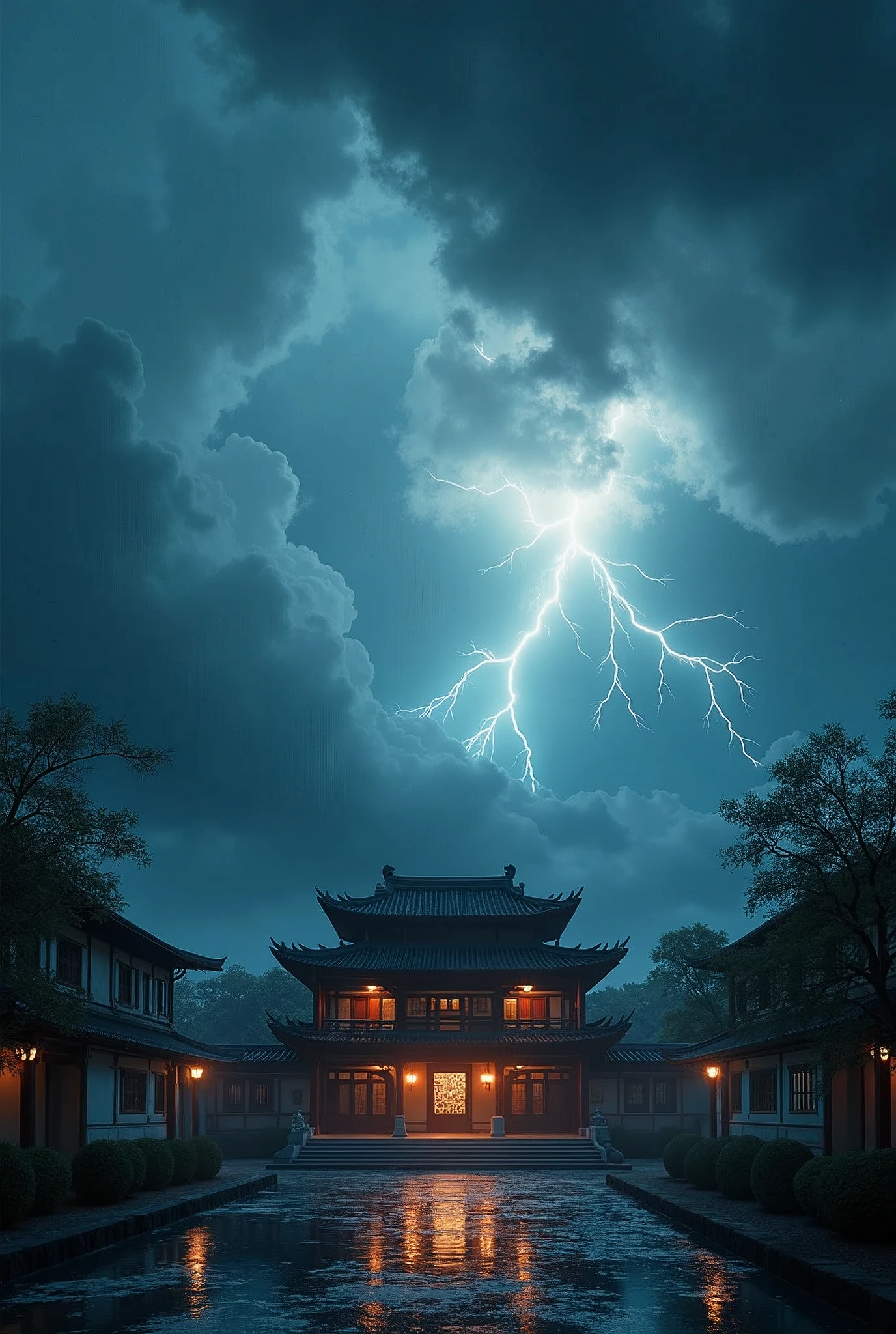 A Vision in the Sky,Unpredictable,Thunder and lightning,A stormy night,Exterior view of a wealthy Chinese-style ancient house,unmanned,Movie quality,Movie storyboard,8k,Ultra-clear,Hyperrealism