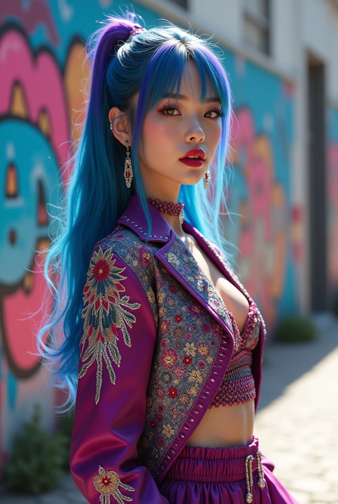 beautiful kpop idol girl wearing an elegant hip-hop jacket outfit, her long blue and purple hair tied up, against the background of a graffiti wall during the day