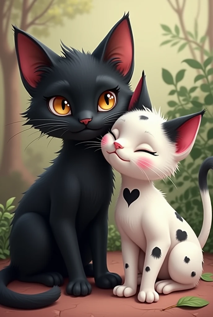Two cats, one all black and the other smaller and white with a black spot on its ears and forehead and a black heart-shaped spot on its side.