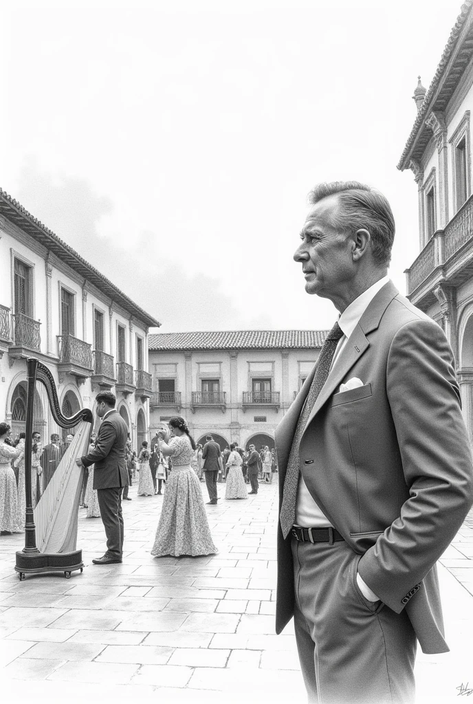 A gentleman organized a farewell with harp and dancing in the square of Ayacucho drawn in pencil