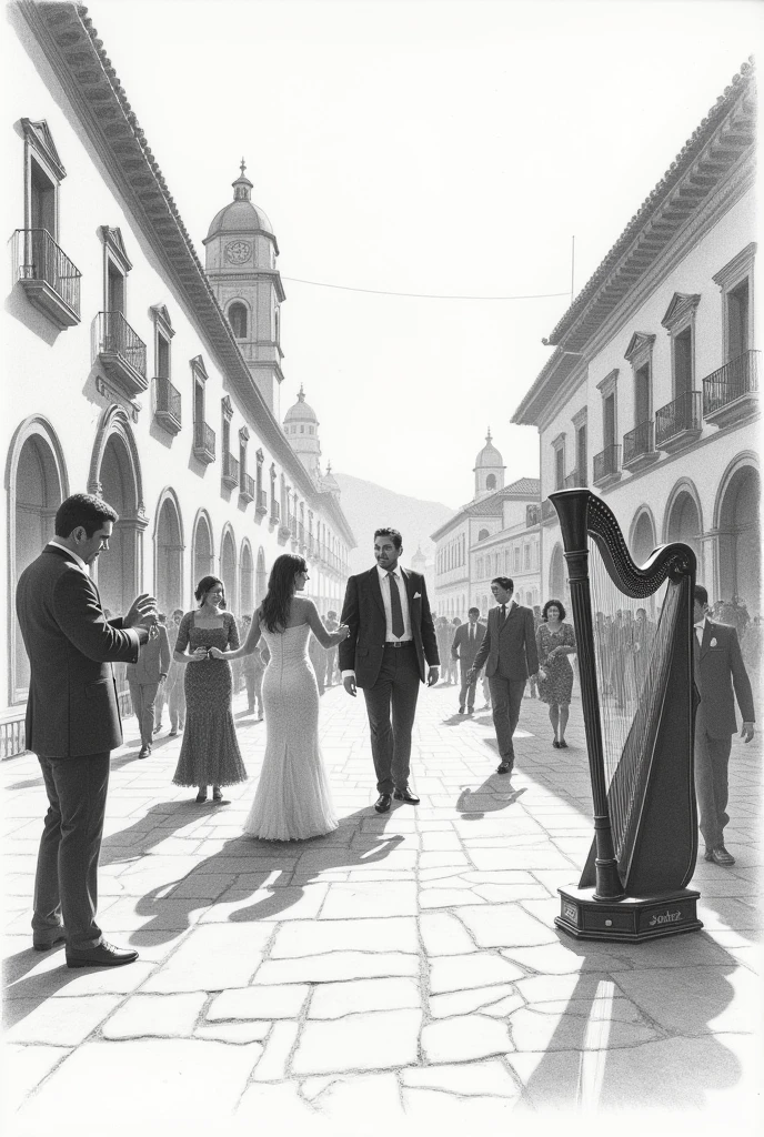 A gentleman organized a farewell with harp and dancing in the square of Ayacucho drawn in pencil
