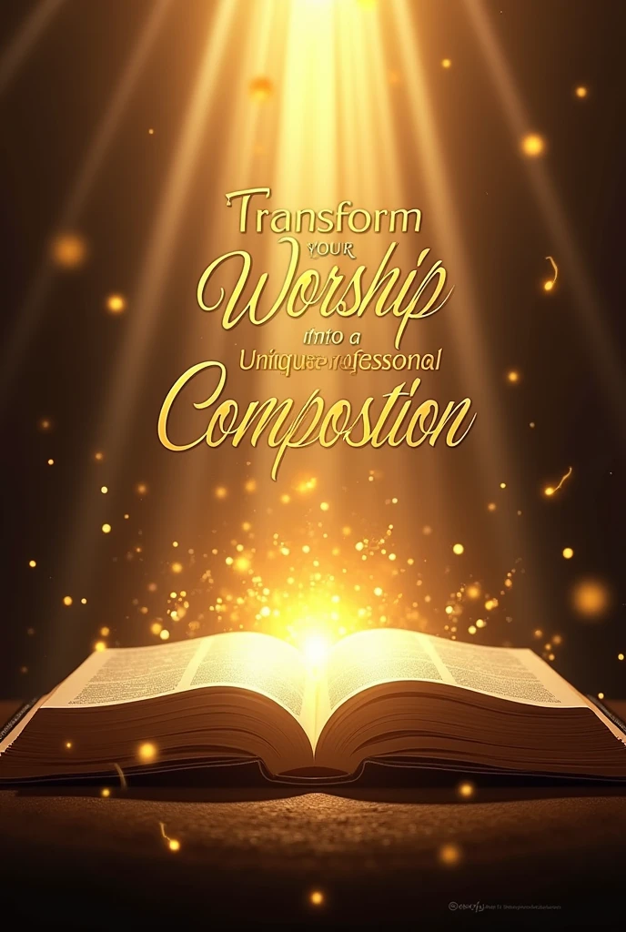 A gospel music advertising image with a heavenly background. The scene features golden rays of light shining from above, creating a warm and divine atmosphere. At the center, there is an open Bible shining with light, symbolizing divine inspiration. Musical notes gracefully swirl around the Bible, adding a sense of melody and worship. The text reads 'Transform Your Worship into a Unique Gospel Composition' in elegant, eye-catching fonts that stand out from the background. Below the main text, the names 'Bruno & 'Grace' are written elegantly, harmonious source. No fundo, the phrases 'Qualidade Profissional' and 'Impacto Duradouro' are displayed in sophisticated typography. The overall design conveys a sense of spiritual elevation and professional quality., perfect for attracting an audience interested in unique gospel compositions."