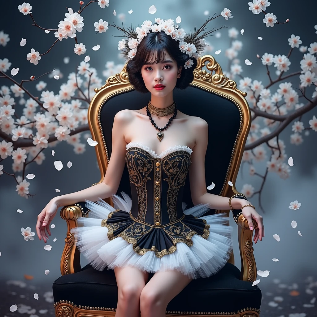 indonesia girl wearing a dark corset bustier kebaya with a beautiful black and gold mini tutu skirt, stocking, high heels, cute expression, sitting on a chair in a studio photoshoot sitting with 
a slightly dark golden background and falling cherry blossom, a full body masterpiece, with back lighting effect and shadow under her feet. 