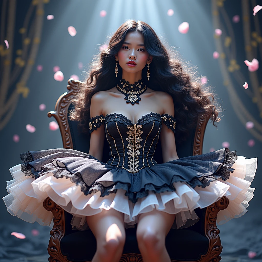indonesia girl wearing a dark corset bustier kebaya with a beautiful black and gold mini tutu skirt, stocking, high heels, cute expression, sitting on a chair in a studio photoshoot sitting with 
a slightly dark golden background and falling cherry blossom, a full body masterpiece, with back lighting effect and shadow under her feet. 