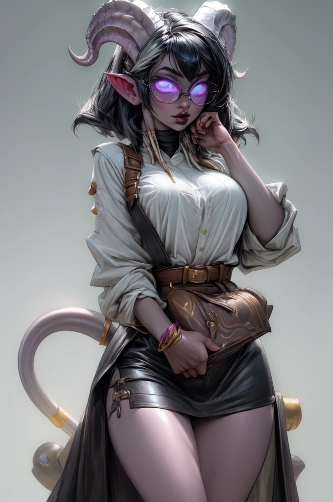 masterpiece, best quality, 1girl, solo, draenei, glowing eyes, colored sclera, tail ornament, hooves, white skin, blue eyes, black hair, shiny silver pouty lips, (tentacle hair:0.8), close-up, upper body, hair ornament, plump and large breasts, shiny skin, shiny silver lipstick, goggles , bob hair cut, fantasy, magic, psy powers, leather apron, toolbelt, mechanic, glasses, apron pouch with tools