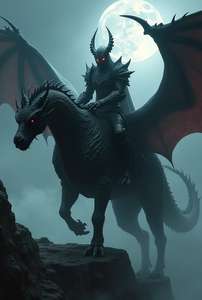 High on a dark, mist-shrouded cliff, a man appears riding his black dragon, a colossal and dark creature, whose scales are so dark that they seem to absorb all the light around them. The wings of the dragon, vast and muscular, stretch out like a curtain of shadows, blocking out the moonlight as the wind howls around you.

The knight riding this beast is an even more fearsome figure.. He is encased in armor made of twisted black metal., forged into sharp, angular shapes, that seem to have been pulled from the depths of a nightmare. The armor is decorated with spikes and ancient runes, radiating an evil energy. His helmet is adorned with long, twisted horns., and under the visor, two red eyes glow with terrifying intensity, as if they were the flames of hell itself.

The dragon and its rider move as a single entity, a symbol of destruction and absolute power. Their presence on the battlefield is enough to make even the bravest warriors tremble in fear., for the sight of this man and his mount is an omen of certain death to any who dare to face them.