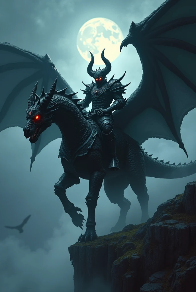 High on a dark, mist-shrouded cliff, a man appears riding his black dragon, a colossal and dark creature, whose scales are so dark that they seem to absorb all the light around them. The wings of the dragon, vast and muscular, stretch out like a curtain of shadows, blocking out the moonlight as the wind howls around you.

The knight riding this beast is an even more fearsome figure.. He is encased in armor made of twisted black metal., forged into sharp, angular shapes, that seem to have been pulled from the depths of a nightmare. The armor is decorated with spikes and ancient runes, radiating an evil energy. His helmet is adorned with long, twisted horns., and under the visor, two red eyes glow with terrifying intensity, as if they were the flames of hell itself.

The dragon and its rider move as a single entity, a symbol of destruction and absolute power. Their presence on the battlefield is enough to make even the bravest warriors tremble in fear., for the sight of this man and his mount is an omen of certain death to any who dare to face them.