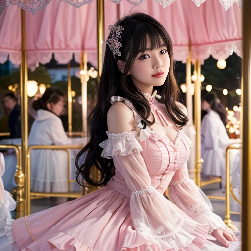 Side shot, Mature, daytime, merry-go-round , 41 year old woman, Bow at the back of the waist, Skirt length to calf, cupcake dress, Layered skirt with lace on each layer, Wear a LOLITA dress, layered dress, Pink lolita skirt, lots of lace, Long sleeve, Wide sleeves, Big skirt, layered lace skirt, Puff sleeves, Wide sleeves, Transparent sleeves, intricate details showcase the ruffles and intricate designs of the Lolita dress, Wearing a lolita dress, in the amusement park, at disneyland, 背景是merry-go-round, best quality, Delicate face，beautiful visual work, lifelike, eternity, black hair, Long curly hair, blunt bangs, Smile, Detailed Background, Delicate face，blush，cold，((masterpiece))、(top quality)、8k、high detail、Super detailed，41-year-old female， masterpiece、born、Scenes resembling fairy tale illustrations、intricate details和複雜的設計、Beautifully、magic、capricious、 Beautifully、Dream aesthetics、「𝓡𝓸𝓶𝓪𝓷𝓽𝓲𝓬、ethereal、charming、fickle、magic」、realism、Visual effects、FXAA、SSAO、Shader、voiceless、ambient lighting、Tone mapping、High resolution、Ultra high quality、Million pixels、(8K resolution:1.10)、8k、8k以下、8K resolution、high detail、intricate details， (high quality:1.2、masterpiece:1.2、:1.21)、(41-year-old female:1.21)、(興奮地Smile)、(Surrounded by a dreamy atmosphere、Model diagram，full-body shot，Normal 2 feet，Put your hands behind you，The protrusion of the breast is visible when wearing clothes, Large Breasts, H cup chest, pink clothes, Don&#39;t show your fingers, full-body shot， full-body shot，full-body shot，full-body shot，full-body shot，full-body shot，full-body shot，full-body shot，hands hidden in clothes, hands hidden in clothes,hands hidden in clothes,hands hidden in clothes,hands hidden in clothes,hands hidden in clothes,hands hidden in clothes,hands hidden in clothes,hands hidden in clothes, ,hands hidden in sleeves ,hands hidden in sleeves ,hands hidden in sleeves ,hands hidden in sleeves ,hands hidden in sleeves ,hands hidden in sleeves ,hands hidden in sleeves ,hands hidden in sleeves, arms behind back, arms behind back, milf, mature