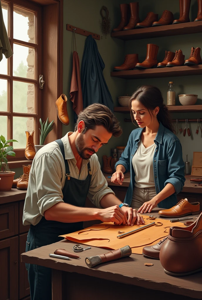 Inside a house, A man is working in his shoe workshop. , while his wife Rosa watches him with a smile drawn in pencil
