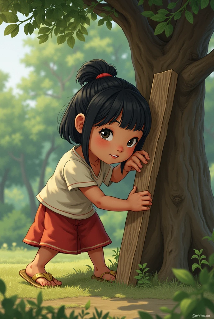 First Attempts:
Prompt: "The girl attempting to balance a piece of wood against the tree, looking puzzled and unsure as she tries to figure out how to secure it."
