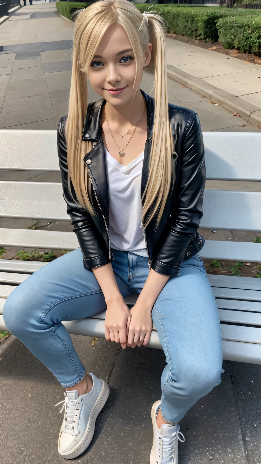 Super Resolution、Beautiful Caucasian Woman、Full body photo、sitting on a park bench、Blonde Hair、blue eyes、Hairstyle Twin tails、、ear piercing、necklace、leather jacket、shirt、Skinny jeans、sneakers、Closed mouth smile、