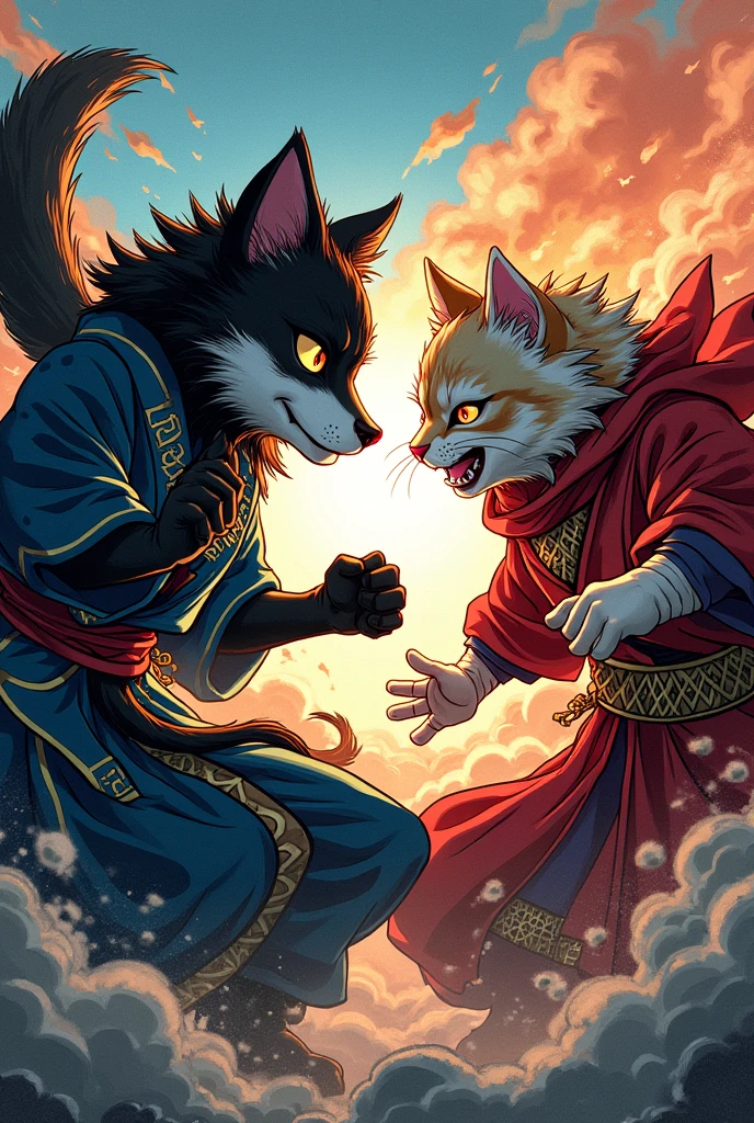 the fight between gojo and sukuna but the manga version but instead of gojo's face put a dog's face and sukuna's a cat's face