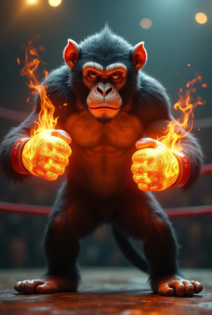 make a boxing monkey that has fire flames on the gloves