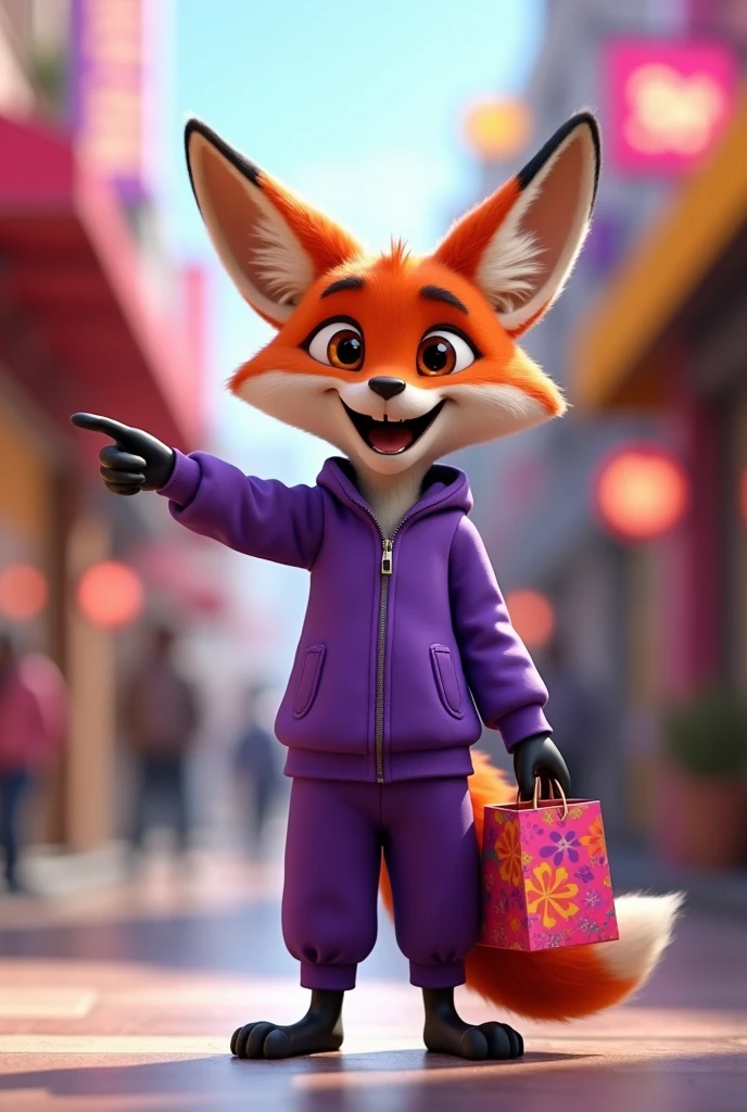 A disney pixar 4d style fox standing wearing a stylish purple tracksuit happily standing with a wide smile and mouth open looking happy with finger pointing to the left sporting a cool shopping bag with vibrant colors