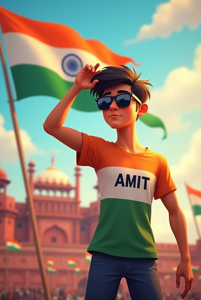 Make a 19 year's handsome animated
Men ,character who's name is Amit" and he celebrate independence day in red fort and he salute to indian flag write the name Amit,, on his t shirt and he wear a a sun glass and salute to indian flag and many indian flag fly around back and size according to whatsApp dp