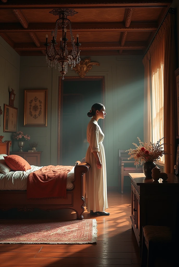 Sense of lens，Ancient style house，Main house master bedroom，Busy women，Detailed description of interior decoration，Movie quality，Movie storyboard，8k，Ultra-clear，Hyperrealism