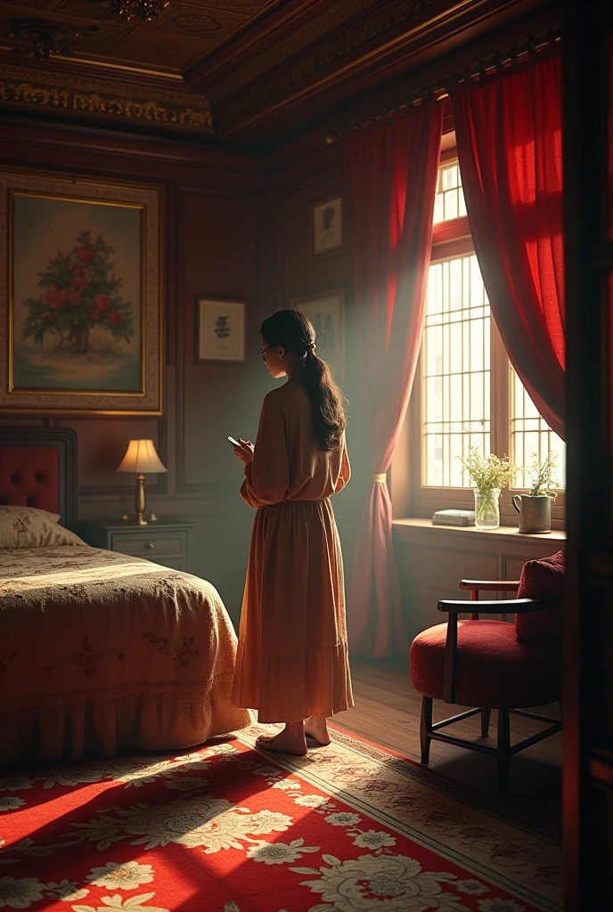 Sense of lens,Ancient style house,Main house master bedroom,Busy women,Detailed description of interior decoration,Movie quality,Movie storyboard,8k,Ultra-clear,Hyperrealism
