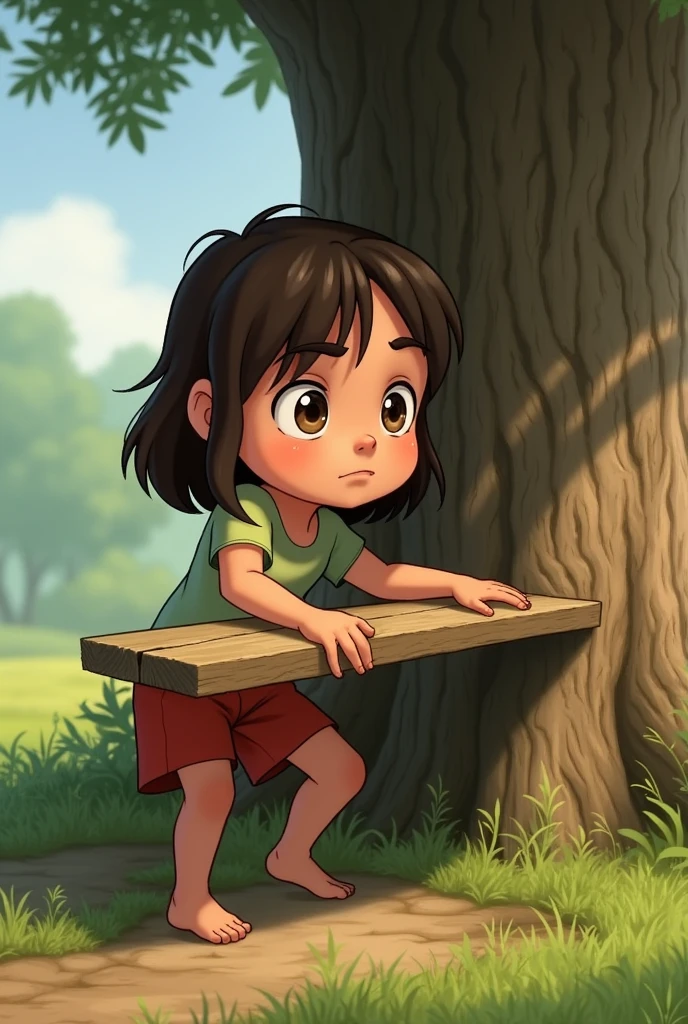 First Attempts:

Prompt: "The girl attempting to balance a piece of wood against the tree, looking puzzled and unsure as she tries to figure out how to secure it."